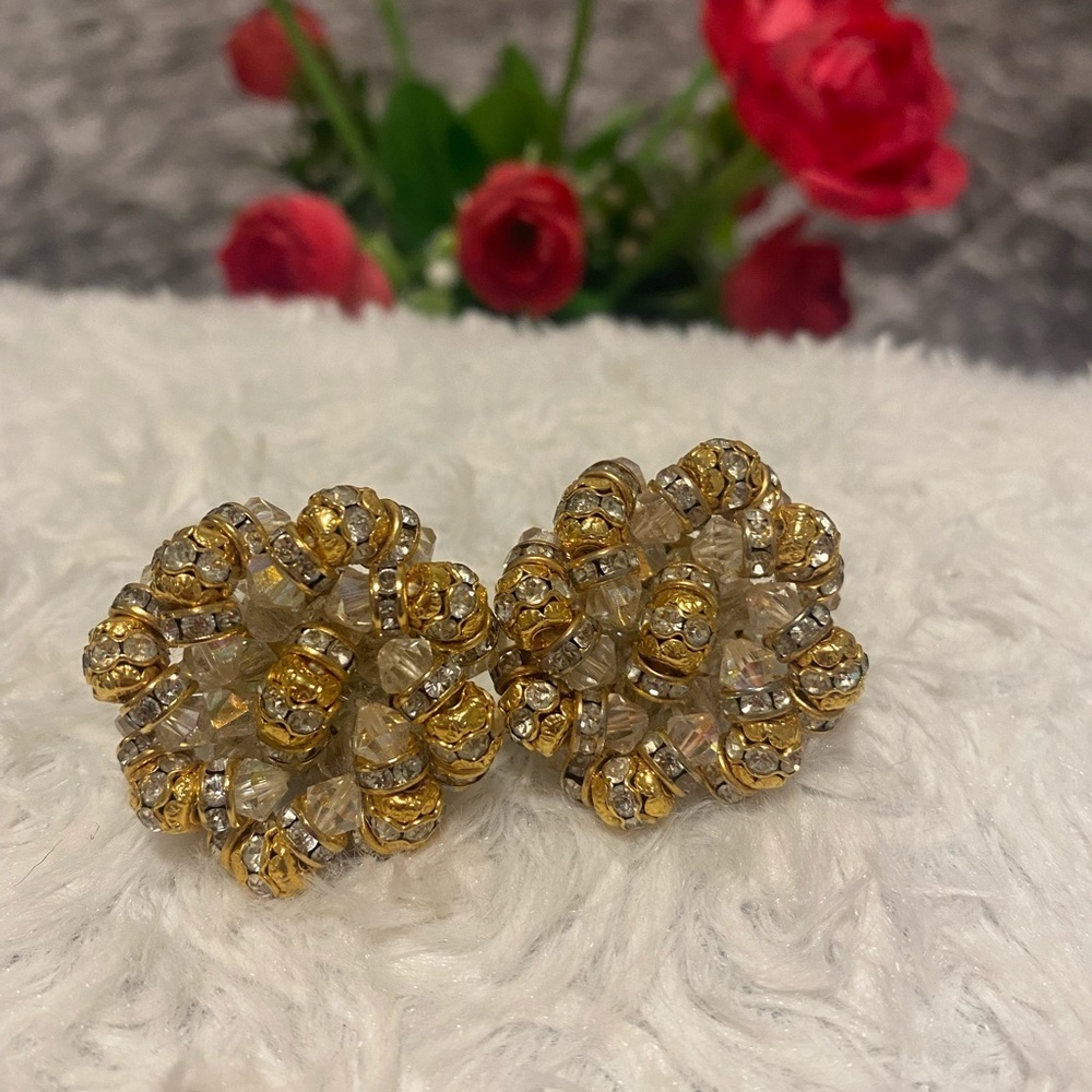 Vintage Gold Tone Crystal Beaded Clip-On Earrings Glam Statement Jewelry